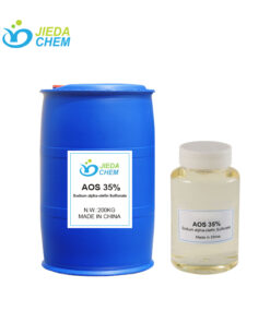 170kg IBC tote of AOS (Alpha Olefin Sulfonate) surfactant with close-up of golden yellow liquid sample