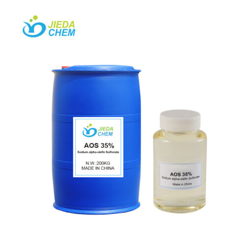170kg IBC tote of AOS (Alpha Olefin Sulfonate) surfactant with close-up of golden yellow liquid sample