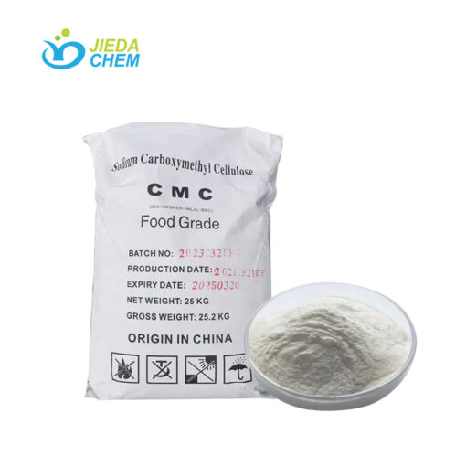 25kg woven bag of Sodium CMC powder next to white sample in glass bowl showing fine particle consistency