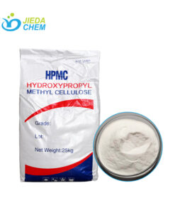 A 25kg woven bag of HPMC with white powder sample in glass dish