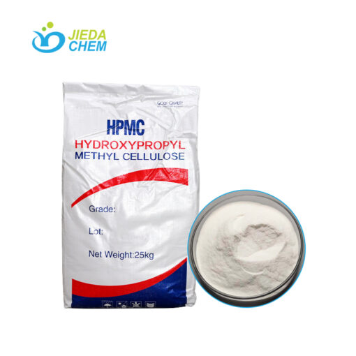 A 25kg woven bag of HPMC with white powder sample in glass dish