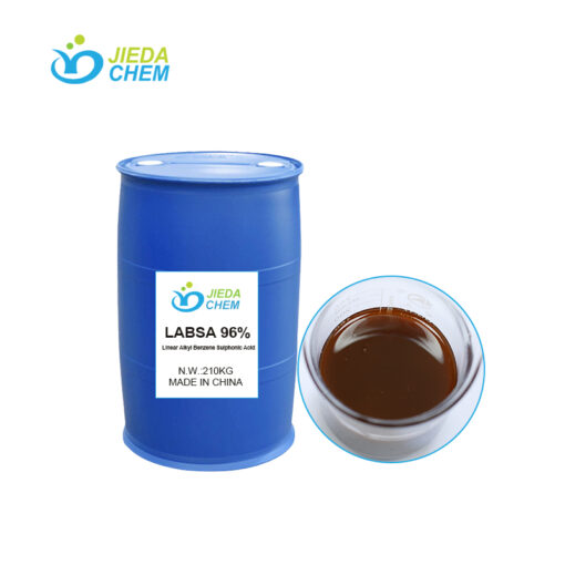 LABSA (Linear Alkylbenzene Sulfonic Acid) stored in IBC tank with close-up of dark brown viscous liquid