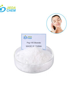 Cream colored waxy solid PEG-100 Stearate placed in a transparent small bowl