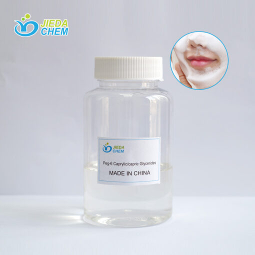 Transparent liquid Peg-6 Caprylic/Capric Glycerides contained in small bottles
