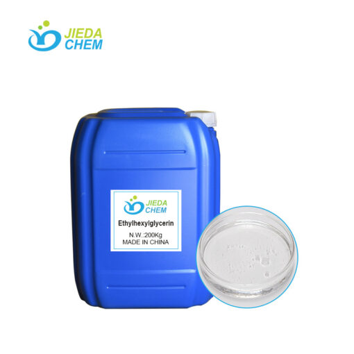 Ethylhexylglycerin (EHG) preservative booster in bulk packaging with clear liquid sample visible