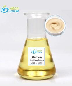 Methylisothiazolinone (MIT) liquid in glass graduated cylinder with industrial application scene in top-right corner