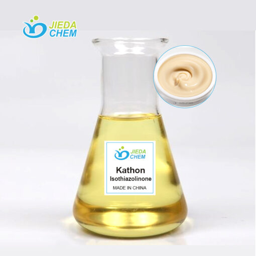 Methylisothiazolinone (MIT) liquid in glass graduated cylinder with industrial application scene in top-right corner