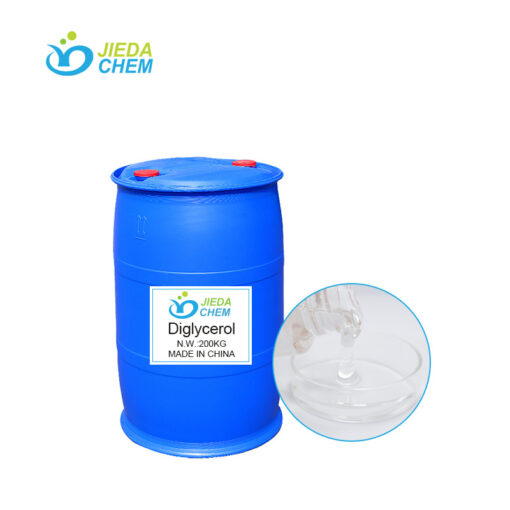 200kg blue drum Diglycerol, next to it is the transparent liquid Diglycerol poured into a small bowl