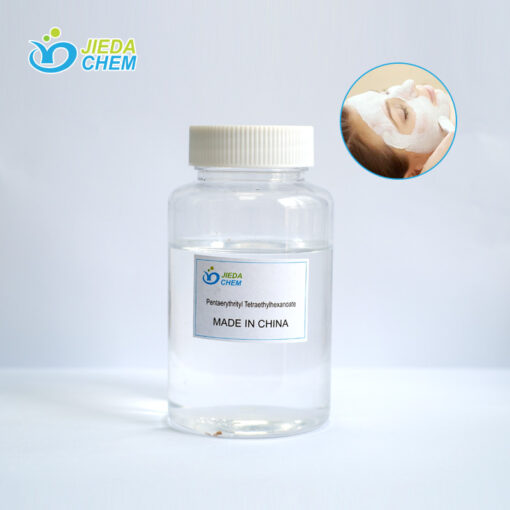 Transparent liquid Pentaerythrityl Tetraethylhexanoate in small bottles