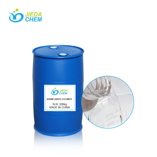 200kg blue drum of Sodium lauroyl glutamate, next to a scene of clear liquid being poured into a beaker