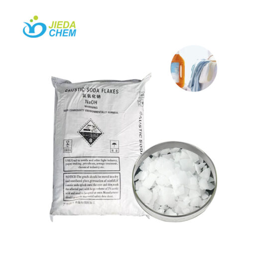 25kg Sodium Hydroxide bag alongside white flakes in steel tray