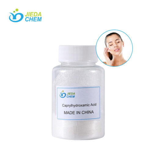 Glass bottle of Caprylhydroxamic Acid/CHA powder with skincare application overlay (cream formulation), highlighting its use as a mild preservative in sensitive skin products
