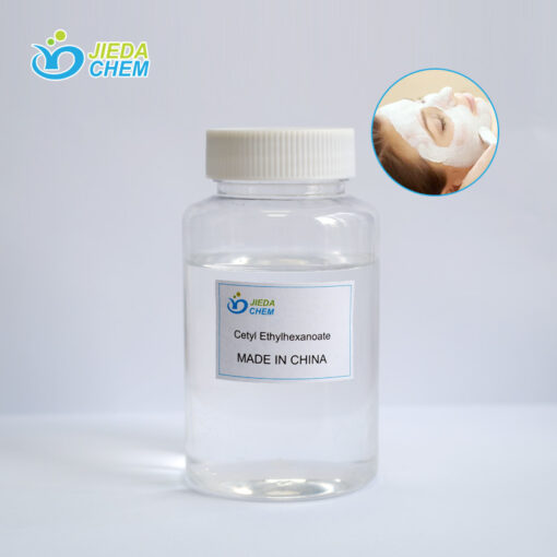 Transparent liquid Cetyl Ethylhexanoate in small bottles